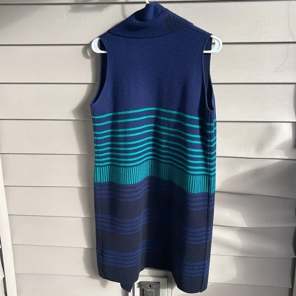 Vince Wool Cashmere Long Cardigan Vest Blue Black Sleeveless Draped Stripe Small - Picture 2 of 5